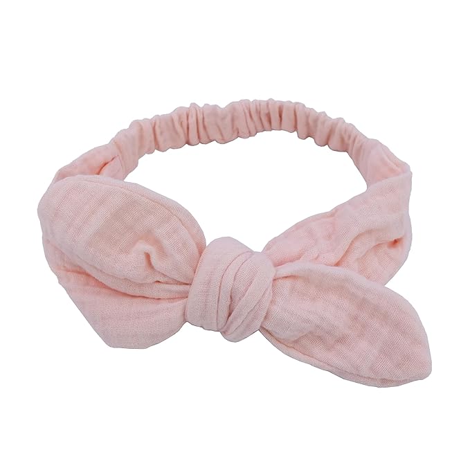Sugarmelon Original Cotton Gauze Headband for Newborn Toddler Infant Baby Girl Kids Muslin Cotton Hair Bow Headbands Turban Elastic Hair Bands (2 pcs Light Pink)