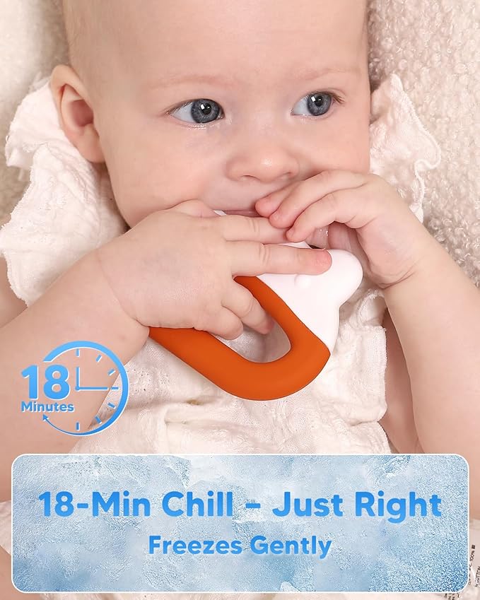 Water-Filled Freezable Baby Teether – Cooling Teething Toy for Babies 3+ Months, Gentle Comfort for Sore Gums, Includes Reusable Freezer Bags – Frog Orange