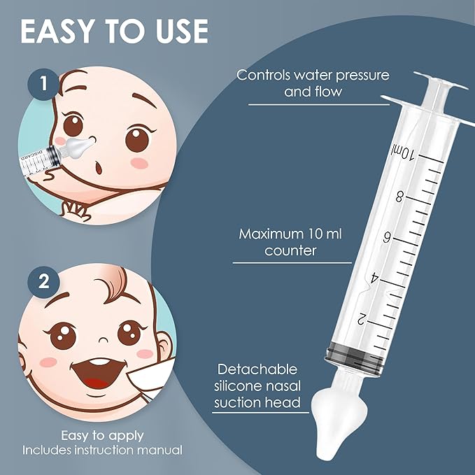 Bluet B - Baby Nasal Syringe (2-Pack) - Safe Silicone Nasal Aspirator for Newborn - Infant Mucus Removal - 10ml Nose Cleaner Syringe for Baby - Toddler Congestion Relief - Reusable Tips - White