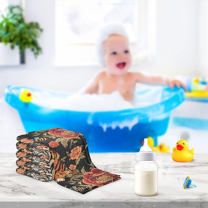 vvfelixl Tiger Bee Flower Baby Burp Cloths Baby Muslin Washcloths for Boys Girls Cotton Babys Face Towel for Newborn Infants Soft and Absorbent 11.8 X 11.8 in, 5 Pack