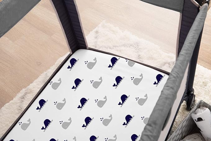 American Baby Company 2 Pack 100% Natural Cotton Fitted Pack and Play Sheets 39" x 27" - Soft & Breathable Pack N Play Sheets for Playard & Mini Crib Mattress, Navy Whale/Grey Zigzag, for Boys & Girls