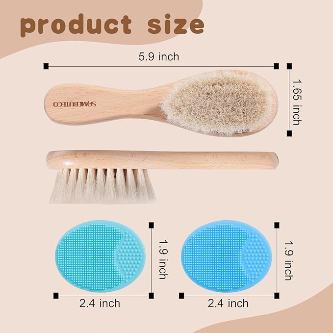 SAMEBUTECO Baby Hair Brush Set,3 in1 Kit,1 Pack Goat Hair Bristles Brush 2 Pieces Silicone Cradle Cap Brushes Wood Handle Newborn Brush for Newborns and Toddlers