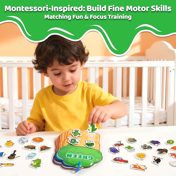 QEF Montessori Busy Book, Color Sorting Toys for Toddlers 2-4, 12 Color Themes Educational Preschool Learning Activities Toys Book with 48 Cartoon Sticker, Sensory Matching Games for Kids