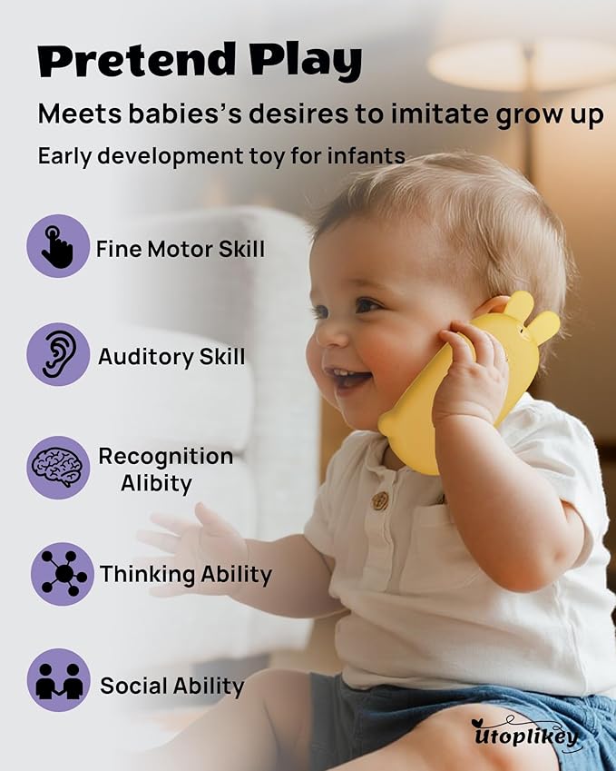 Baby Cell Phone Toy with Teething Silicon Mobile Phone Shell, Sensory Comfort Toys with 12 Learning Modes & Soothing Lullabies, Gift for Toddler Infants Baby Shower Birthday (Yellow Bunny)