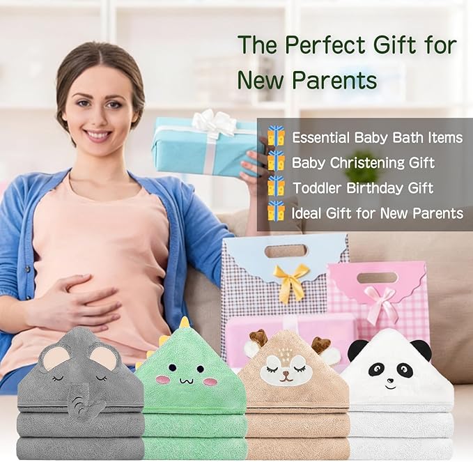 Hooded Baby Towel Set, 32x32 Inch Absorbent Bath Towels, 4 PCS Soft Hooded Towels, Perfect for Newborns, Toddlers, Babies, Essential Baby Bath Accessories (Green + Brown + White + Gray)