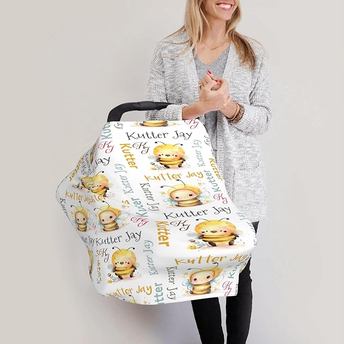 Personalized Bee Baby Car Seat Cover with Name,Multi-Use Canopy for Nursing, Strollers,Shopping Carts,Customized Breastfeeding Cover, Full Privacy,Infant Stroller Cover