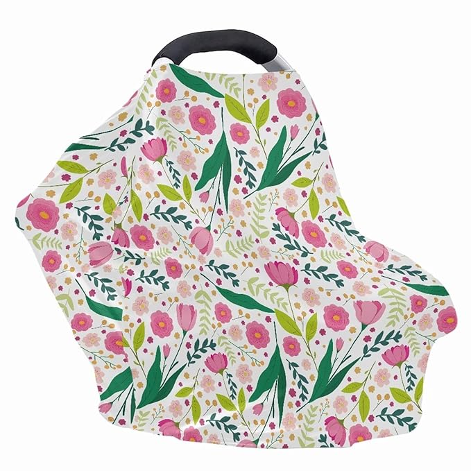 Biyejit Pink Floral Car Seat Covers for Babies, Multi-Use Cover-Silky Mom Nursing Cover Infant Breastfeeding Scarf Shopping Cart High Chair Ultra-Soft Stretchy for Boys and Girls