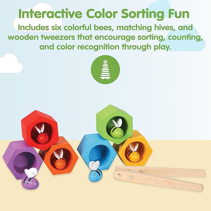 PlanToys® Wooden Beehive Color Sorting Toy for Toddlers | Montessori Fine Motor Skill Playset with Bees, Hives & Tweezers | STEM Learning Toy for Kids Ages 3+