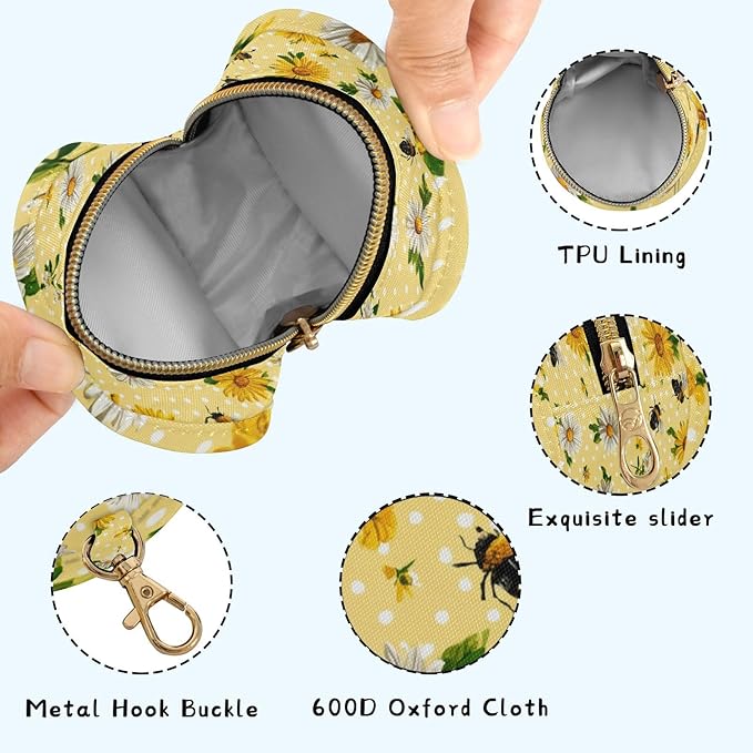 Pacifier Holder with Clip Pacifier Case for Diaper Bag Round Baby Pacifier Pouch Box Bag Portable Yellow Dot Bee and Daisy