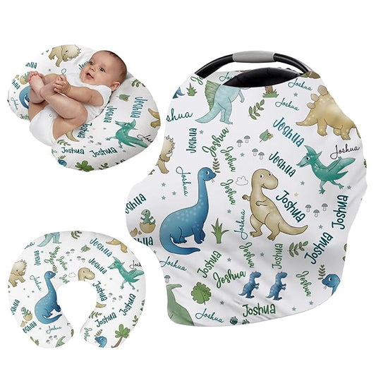 Personalised Car Seat Cover for Girls and Boys - 7 in 1 Light Green Dinosaur Multipurpose Breast Feeding Cover, Nursing Cover, Grocery Cart Cover - Birthday Gift for Babies(27"x29")