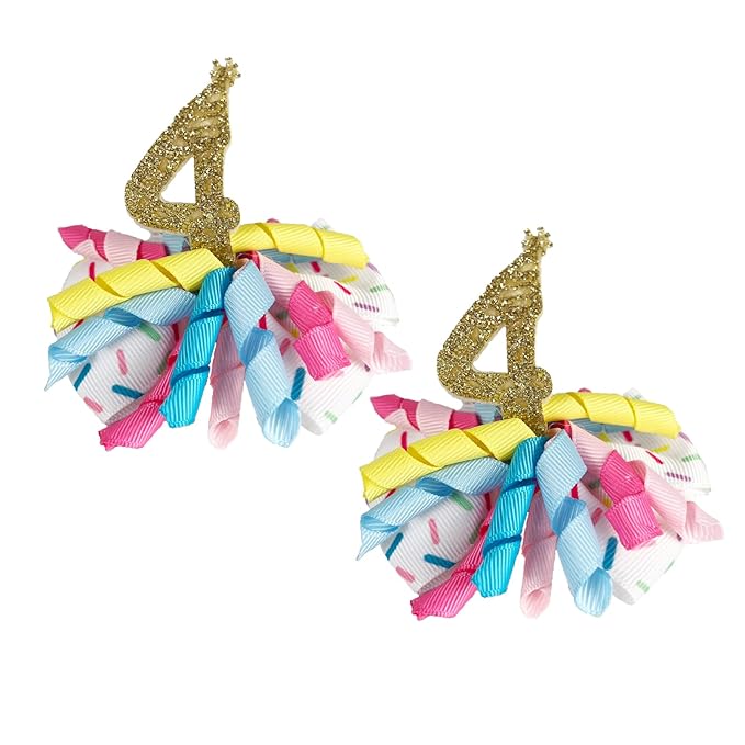 Birthday Hair Clips for Baby Girls - 2Pc Curly Ribbon with Gold Number Bow Hair Clips for 4th Birthday Baby Bow Party Decorations for Girls Toddlers Hair Accessories (Gold Number- 4 Years)