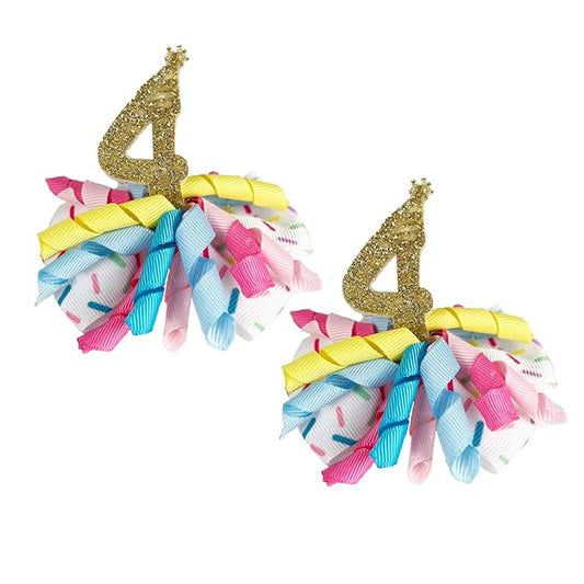 Birthday Hair Clips for Baby Girls - 2Pc Curly Ribbon with Gold Number Bow Hair Clips for 4th Birthday Baby Bow Party Decorations for Girls Toddlers Hair Accessories (Gold Number- 4 Years)