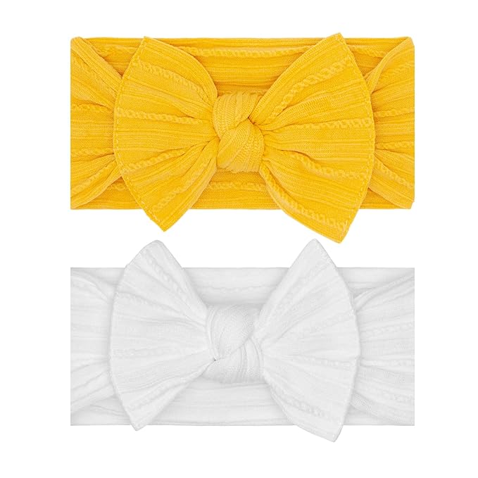 Baby Bling Bows - Newborn to Little Baby Girl Bows, 2 Pack Nylon Super Soft Stretchy Knot Toddler Headbands, Perfect Hair Accessories Head Bands for Infant Kids(Yellow & White)