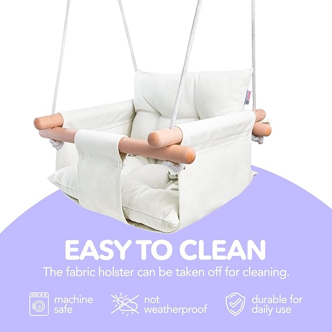 CaTeam - Canvas Baby Swing, Wooden Hanging Swing Seat Chair with Safety Belt, Durable Baby Swing Chair, Outdoor and Indoor Swing for Kids, Mounting Hardware Included, Ivory