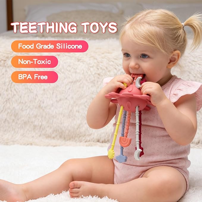 Food Grade Silicone Pull String Baby Toy, Montessori Pull String Sensory Toy for 18 Months Babies Teething Toys (Red)