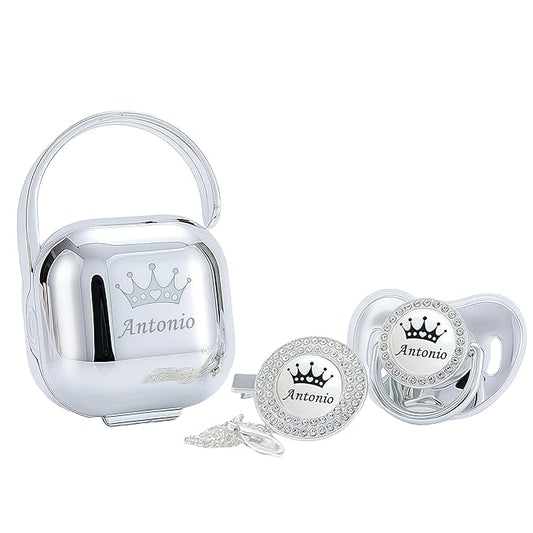 Personalized Bling Pacifier Box and Pacifier Set Unique Gift to New Bron Baby Baby Shower Gift (Silver)