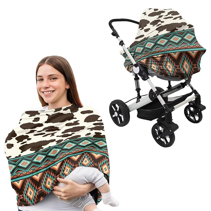 Cow Print Carseat Canopy Set Aztec Breathable Breastfeeding Covers Multi-use Breastfeeding Pillow Cover Newborn Registry & Shower Gift for Baby