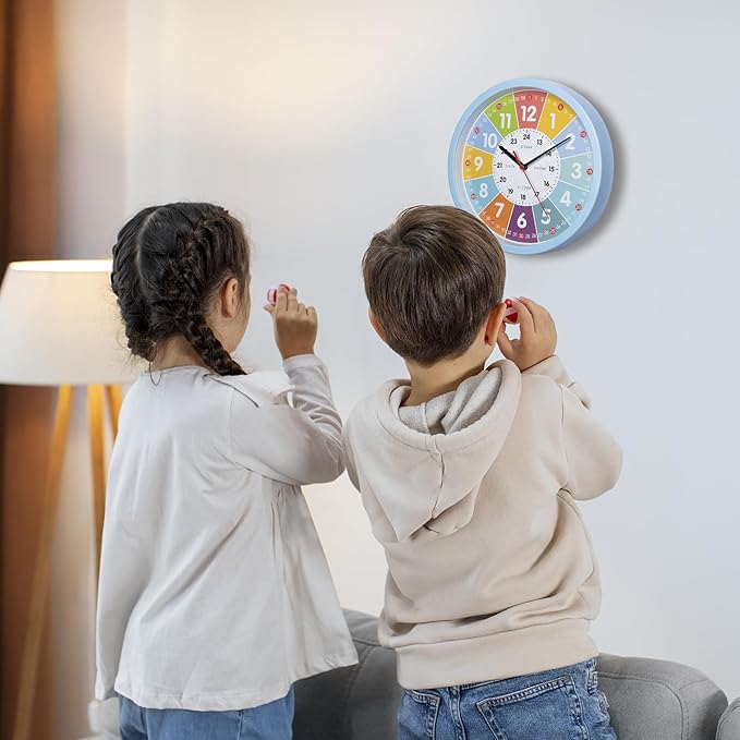 Learning Clock for Kids – Silent Classroom Clock Telling The Time Teaching Toddler Boys Analog for Kid's Room Classroom School Playroom, Blue