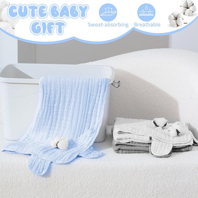 Preboun 6 Pcs Muslin Baby Hooded Towels Cotton Absorbent 6 Layers Cute Bath Toddler Towels for Newborn Kids Girl Infant Boys Toddler Shower Gift Supplies (Grey,Blue,White)