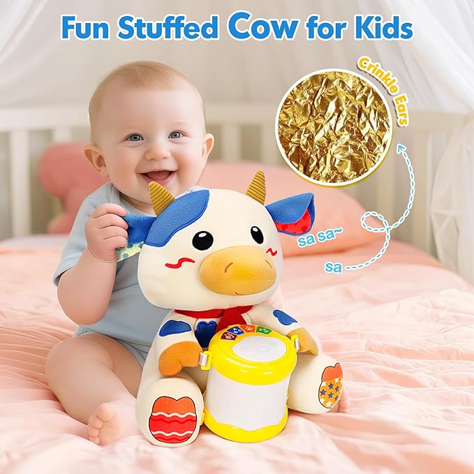 Hodurgyi Baby Toys 6-12 Months, Cow Musical Plush with Lights, ABCs, Animal Sounds, Numbers, Infant Early Learning Toy,Christmas Birthday Gifts for 6+ Month Boys &Girls