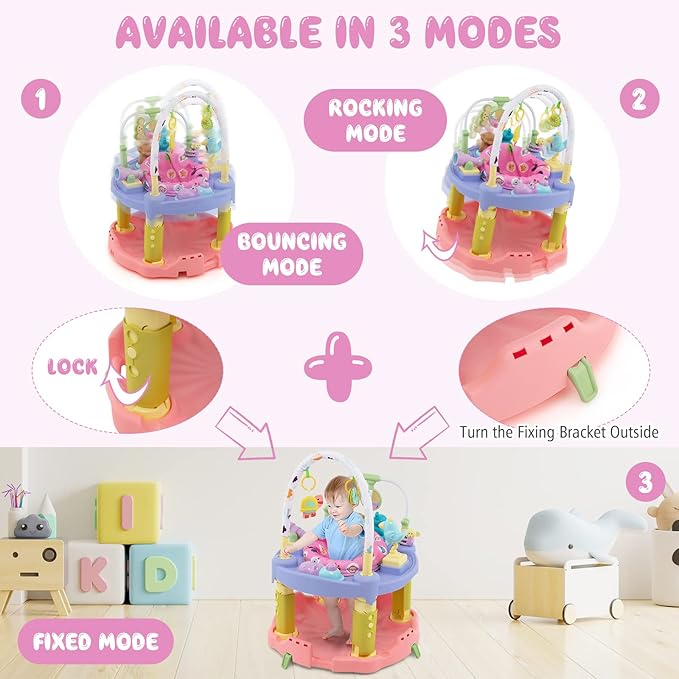 BABY JOY Baby Bouncer Activity Center, 3 in 1 Activity Center & Table | Infant Play Mat, Bouncing Activity Saucer w/Music, 3 Adjustable Height, 360° Seat for Babies 0-24 Months (Pink)