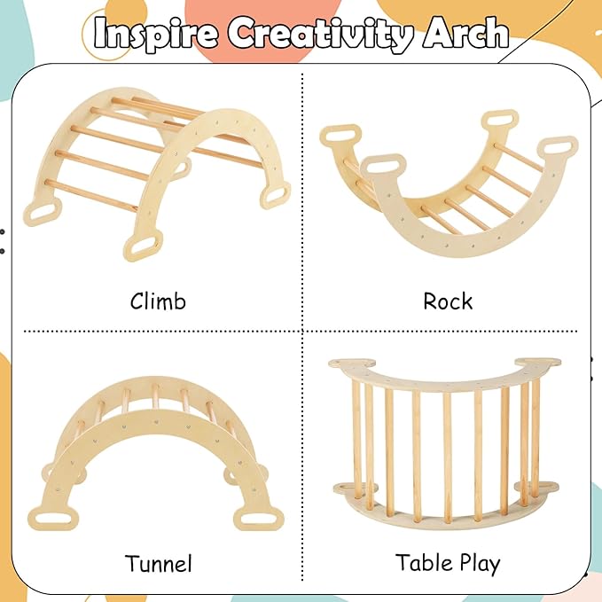 Olakids Pikler Triangle Set 7 in 1 Climbing Toys for Toddlers 1-3 Inside Foldable Wood Montessori Jungle Gym with Ramp Slide Arch Rocker Ladder Indoor Kids Activity Playground Baby Climber