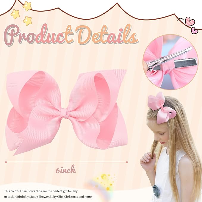 Oaoleer 2PCS 6inch Hair Bows Clips, Pink Layered Grosgrain Ribbon Bows Hair Alligator Clips Hair Barrettes for Baby Girls Infants Toddlers Kids Teens Children