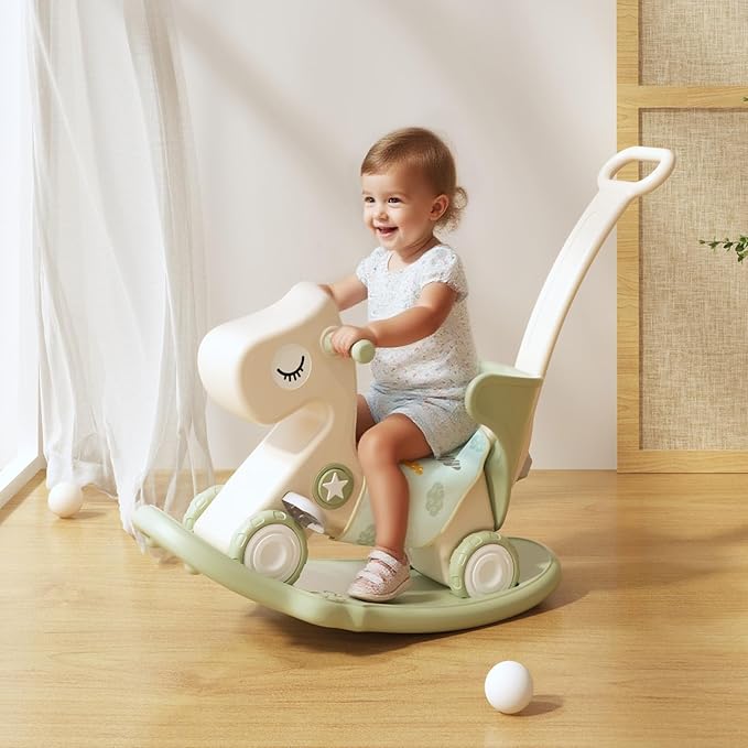 4-in-1 Rocking Horse Toy for Toddlers 1-3 | Plastic Push Walker with Balance Board & Wheels, Ride-On Rocker Gift for 1 Year Old Boys Girls(Green)