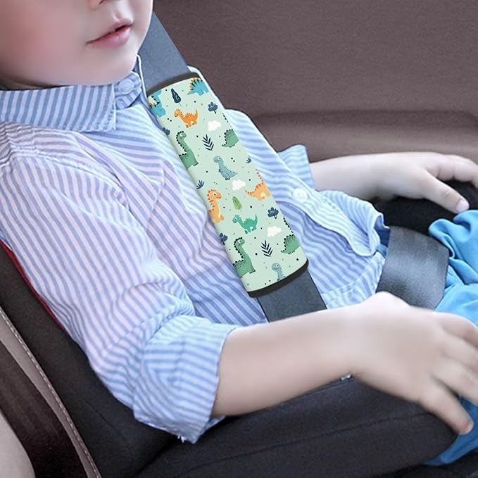 Biyejit Green Dinosaurs Car Seat Neck Cover, Car Seat Strap Cover, 2 Pack Seat Belt Cushions Pads, Shoulder Strap Protectors, Reversible Pram Harness Covers, Baby Neck Pad Protector