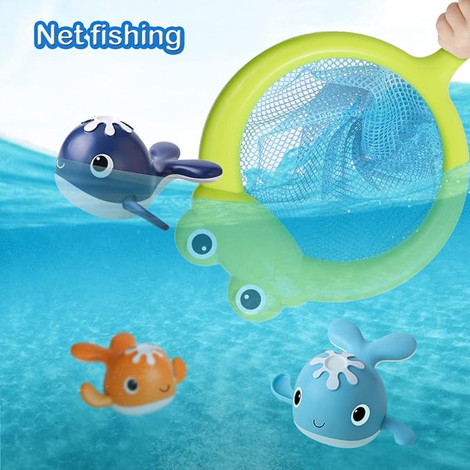 LOYUEGIYO Magnet Fishing Game Bath Baby Toy for 1-3 4-8 Year Old Toddler Boys Girls,Gifts for Kid,Baby Bathtub Water Shower Pool Toys 18 Months+,4 Swimming Wind-up Whale&1 Fishing Pole&1 Net