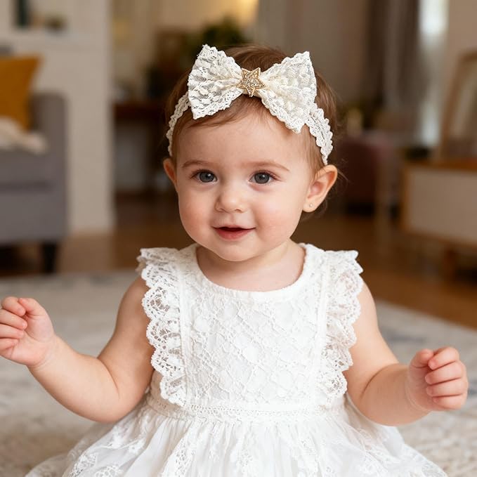 Handmade Baby Girl Headbands in Beige Baby Bows and Floral Lace Headband Bows for Newborns and Toddlers Cute Baby Girl Bows and Newborn Headband Bows