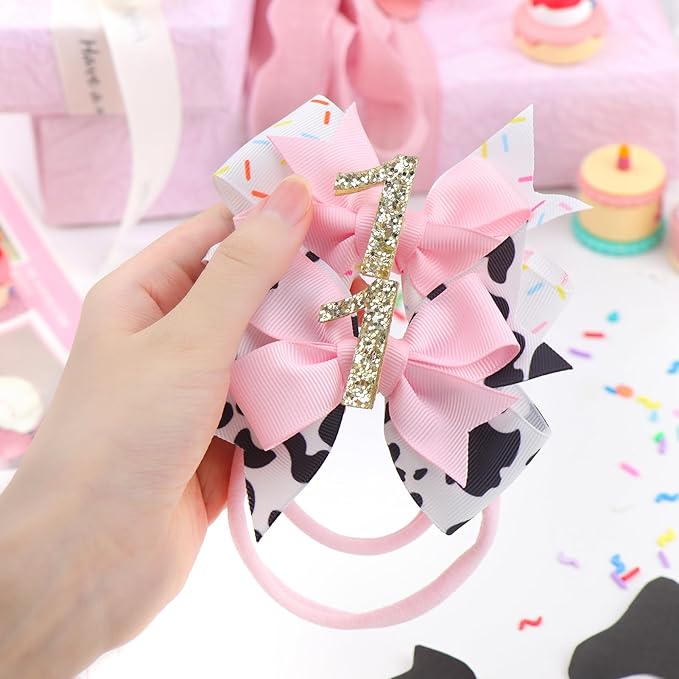 YanJie 4'' Baby Girl Birthday Hair Bow for 1 Year Old Newborns Glitter Cow Print Infant Headbands Sprinkle First Birthday Hair Accessories Pink Bows