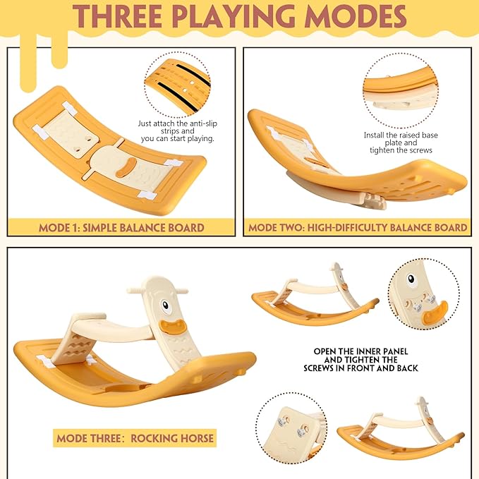 Rocking Horse for Toddlers Kids 3 in 1 Wobble Balance Board 3-5 Year Old Rocker Balance Board Baby Rocking Toy with Pedal Backrest Birthday Gift Open Ended Learning Toy for Girl and Boy