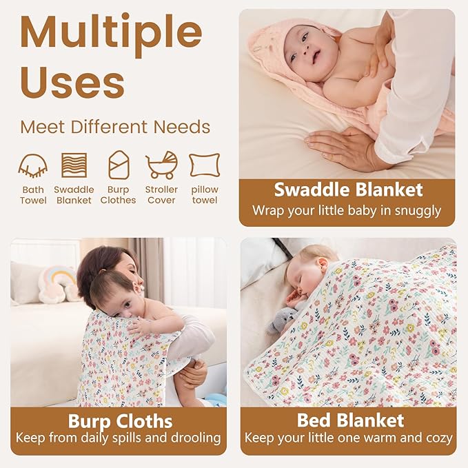 david's kids 2 Pack Baby Hooded Towels, Large 32"x32", 6 Layer 100% Muslin Cotton Absorbent Girl Bath Towel for Newborn, Infant and Toddler. Soft and Breathable Baby Essentials, Pink Floral&Rose