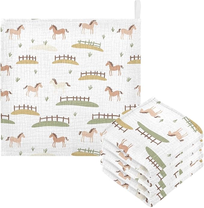 vvfelixl Cute Horses Fences Baby Burp Cloths Baby Muslin Washcloths for Boys Girls Cotton Babys Face Towel for Newborn Infants Soft and Absorbent 11.8 X 11.8 in, 5 Pack