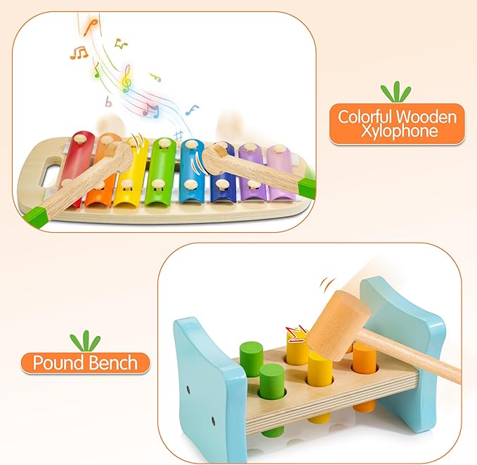 WOODMAM Wooden Montessori Toys for 1+ Year Old, 9 in 1 Learning Educational Toys for Toddler with Educational Box, Xylophone, Pound Bench, Shape Puzzle and More, Baby Toy Gift for 13-18 Months