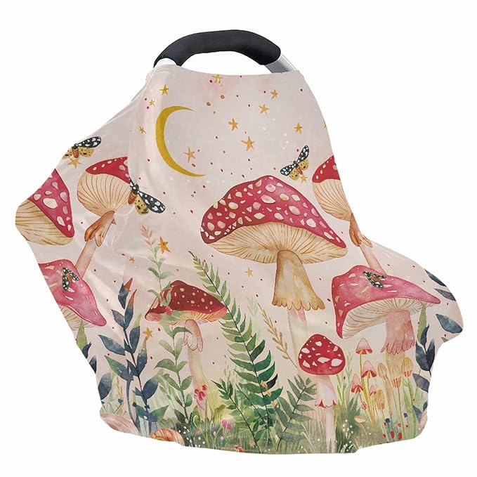 Wanyint Mushroom Print Baby Car Seat Cover Canopy and Nursing Cover Multi-Use Stretchy Breastfeeding Scarf Nursing Covers Carseat Canopy for Boys Girls