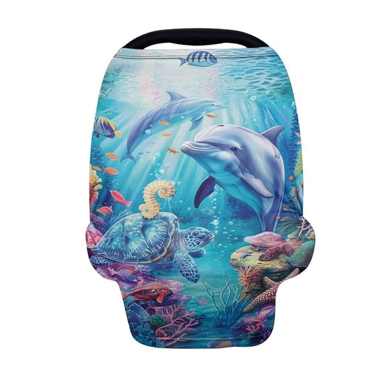 Youngerbaby Dolphin Turtle Baby Car Seat Covers Nursing Cover Breastfeeding Soft Infant Carseat Canopy,Stretchy Breathable Cover for Stroller High Chair Shopping Cart Canopies