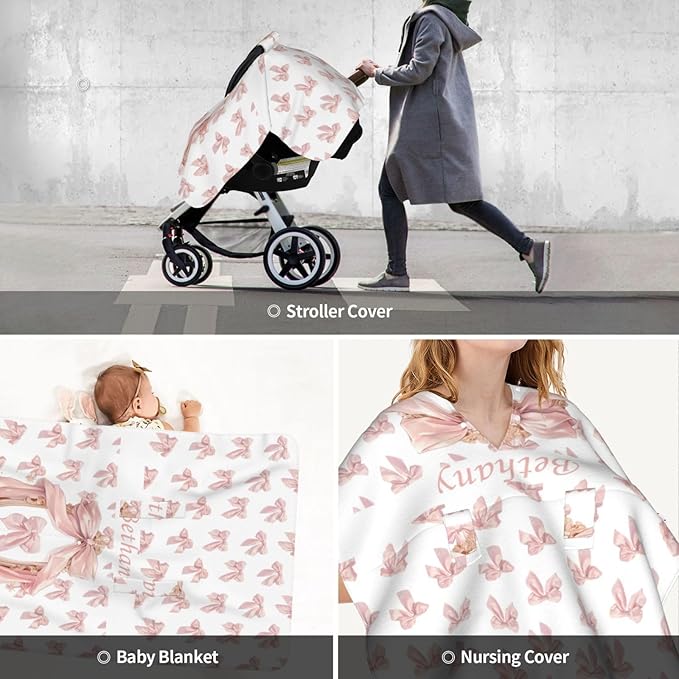 Custom Name Baby Car Seat Cover Pink Bow – Personalized Nursing Cover, Stroller Canopy, Breastfeeding Privacy Cover, Multi-Use Infant Blanket, Shower Gift for Baby Girls