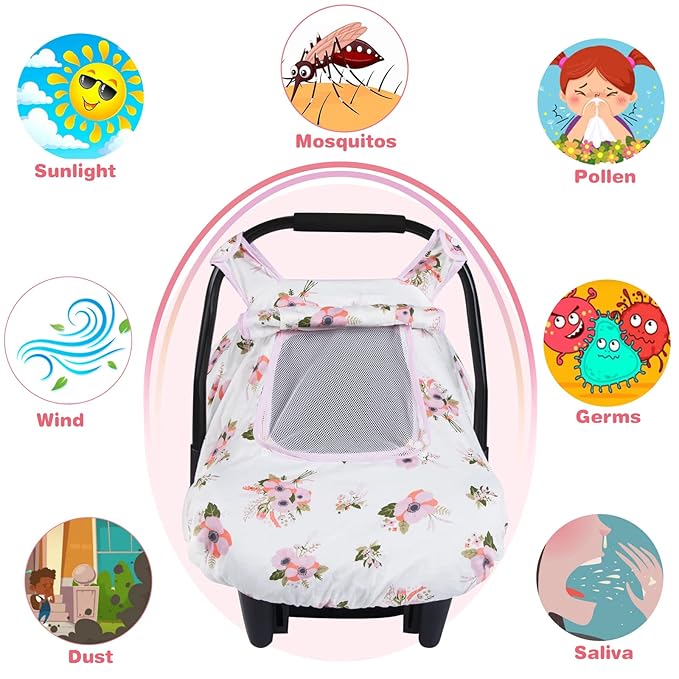 SMTTW Baby Car Seat Covers, Infant Car Canopy for Spring Summer Autumn Winter, Universal Fit, Snug Warm Breathable, Car Seat Canopy for Boys Girls (White Flower)