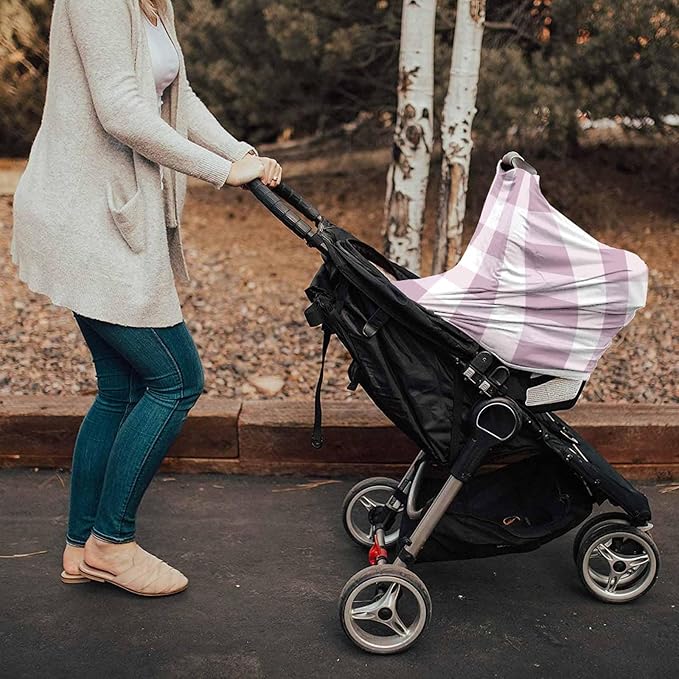 Pink White Plaid Car Seat Covers for Babies, Modern Geometric Checkered Lattice Nursing Breastfeeding Covers Stretchy Breathable Baby Carseat Canopy Cover for Girls and Boys Shower Gifts
