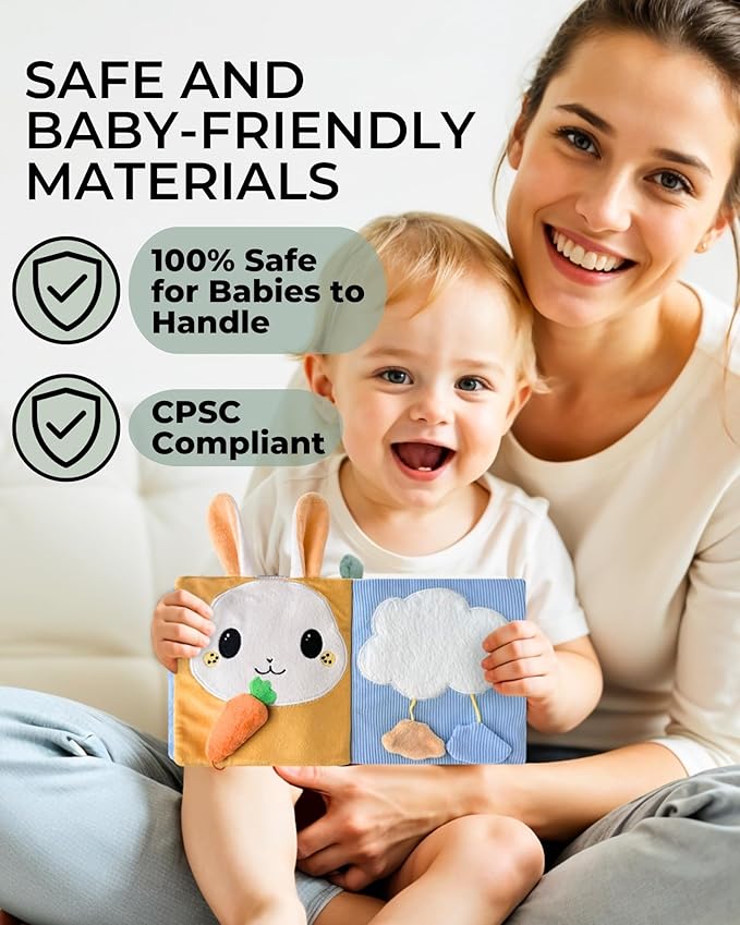 Cute Soft Baby Book with Mirror, Activities, Touch and Feel & Crinkle Pages - Interactive Sensory Cloth Toy for Babies 0-6, 6-12 & 12-18 Months - Adorable Animal Themes for Early Development