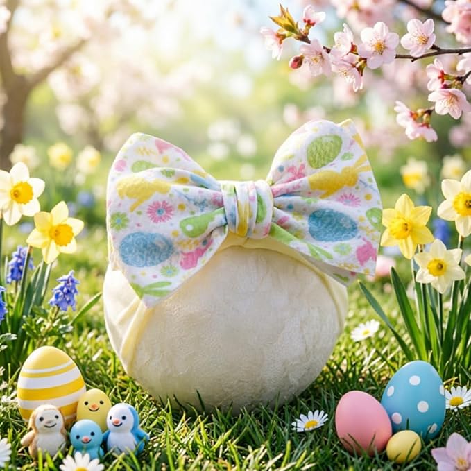 Easter Bunny Headband for Baby Girl, Turban Nylon Elastic Hair Band with Flower Bow, Newborn Infant Toddler Easter Hair Accessories (Y17, FZ)