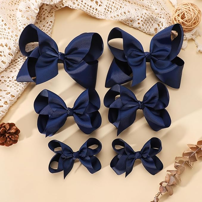 Hair Bows for Girls Alligator Clips Navy Blue Grosgrain Ribbon Solid Color Hair Accessories for Little Teen Toddler Girls Kids (6inch ×2, 4inch ×2, 3inch ×2)