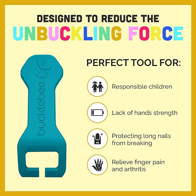 Bucklebee Easy Car Seat Buckle Release Aid for Children Unbuckle Car Seat Release Tool - Button Pusher - Opener for Nails - (Teal and Gray)