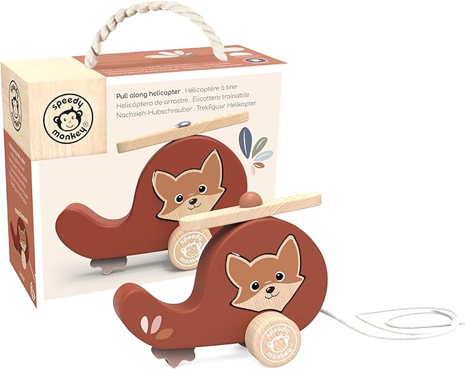 Speedy Monkey Wooden Pull‑Along Helicopter Toy for Toddlers 12m+ | Multicolor Rolling Pull Toy for Kids & Preschoolers | Early Learning Activity Toy – Fine Motor & Gross Motor Skills for Boys & Girls