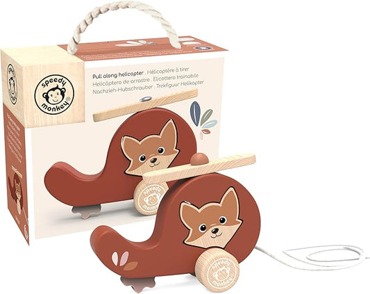 Speedy Monkey Wooden Pull‑Along Helicopter Toy for Toddlers 12m+ | Multicolor Rolling Pull Toy for Kids & Preschoolers | Early Learning Activity Toy – Fine Motor & Gross Motor Skills for Boys & Girls