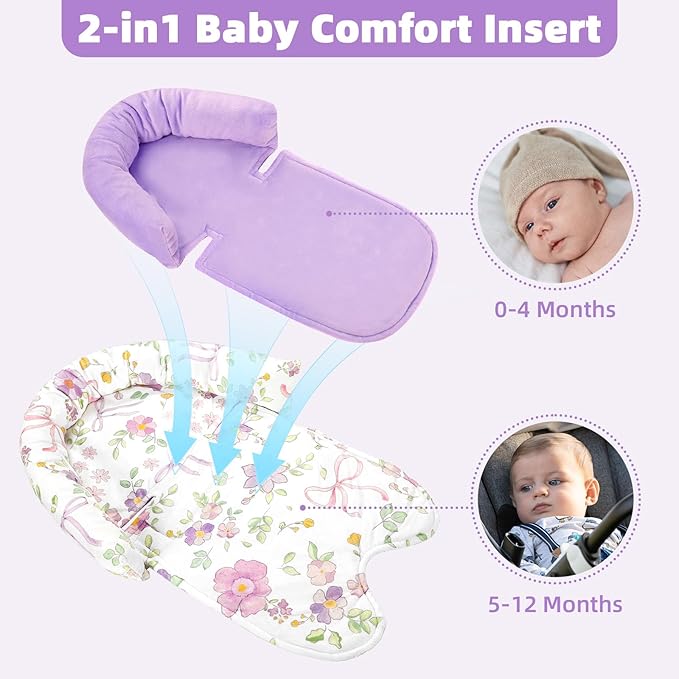 SWESEN Infant Car Seat Insert & Strap Covers, Car Seat Head Support for Baby Girls, 2 in 1 Soft Plush Car Seat Insert for Newborns, for Infants Aged 0-12, Purple Bow