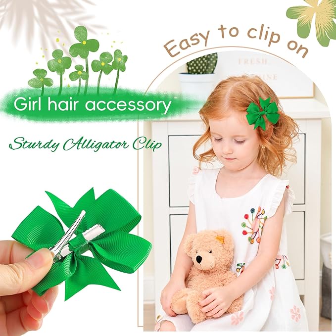 choicbaby 6pcs St. Patrick's Day Hair Bows for Girls 3” Green Grosgrain Ribbon Bows with Alligator Clips Lucky Toddler Hair Accessories for Baby Toddler Kids Birthday Holiday