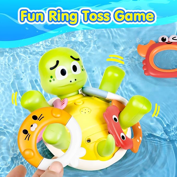Baby Bath Toy Sprinkler, Rechargeable Turtle Bath Toys for Kids Toddlers Ages 1-3 2-4 with 5 Rings, Mold Free Bath Pool Water Spray Toys for Babies Toddlers 1-3-5, Great Birthday Gifts for Kids